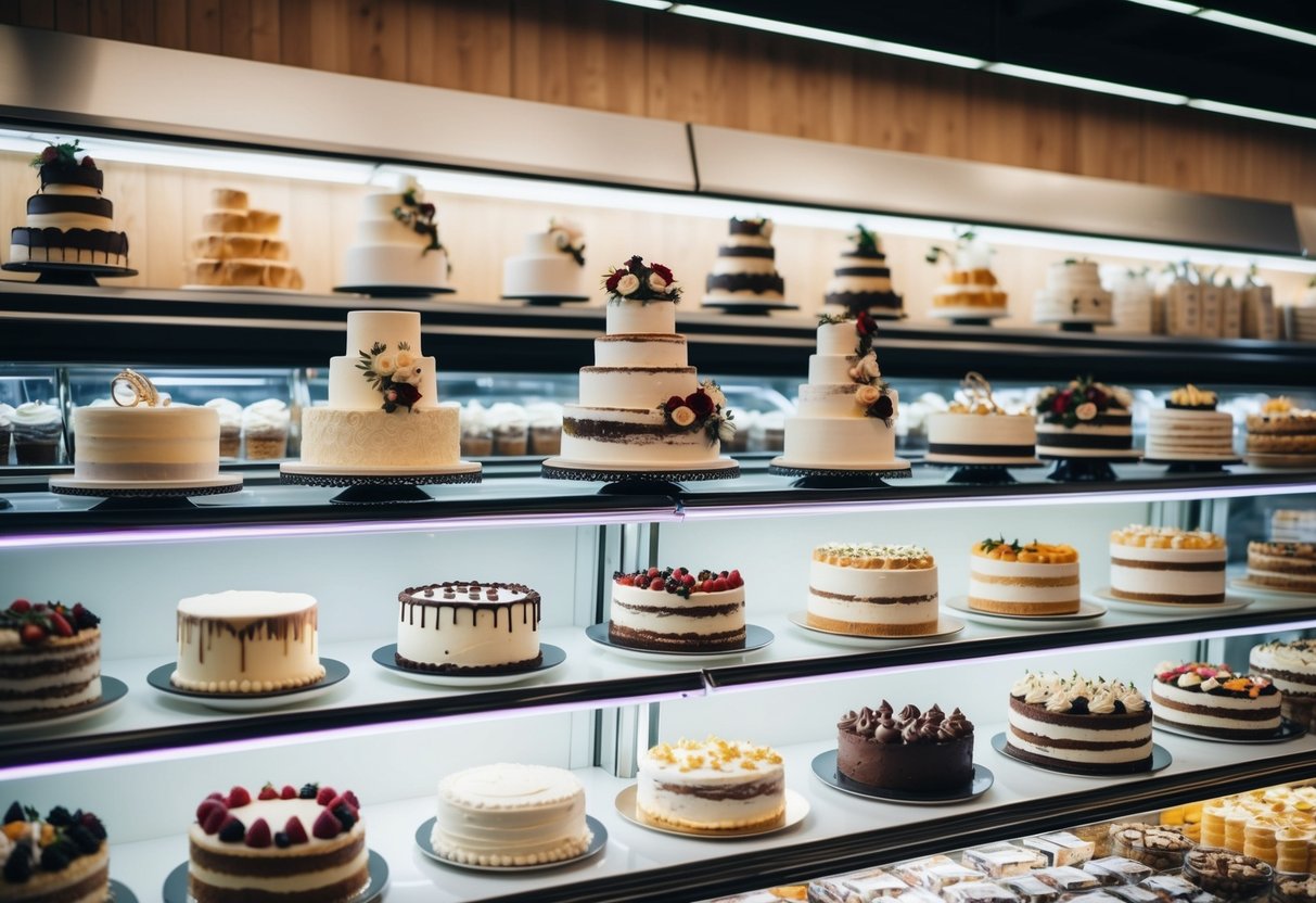 A display of elegant wedding cakes in a popular grocery store, showcasing various sizes, flavors, and decorative designs