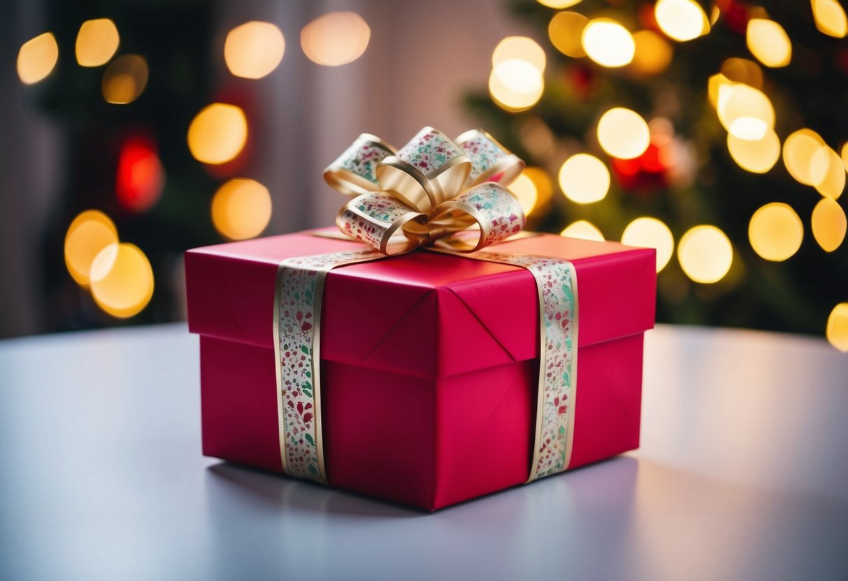 A wrapped gift box with a decorative bow on a table