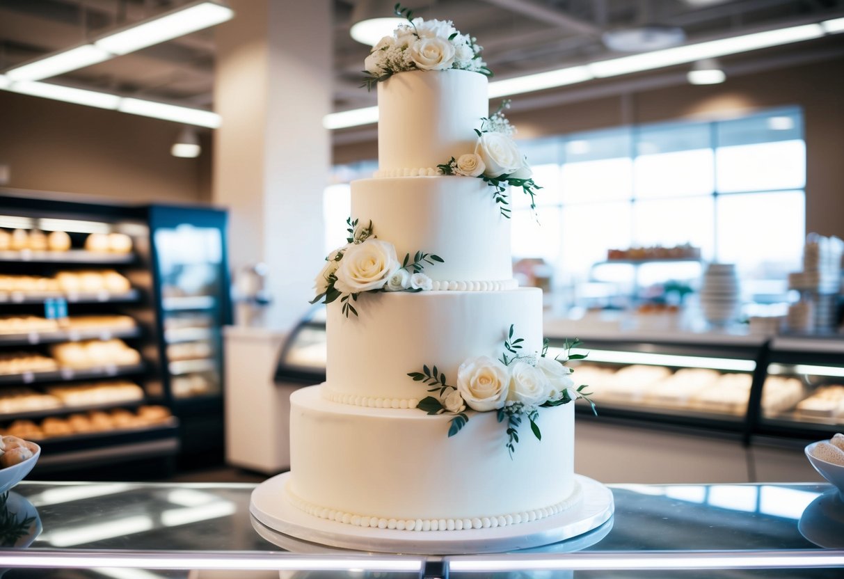 A pristine white wedding cake displayed in a supermarket bakery section, adorned with intricate floral decorations and elegant tiers