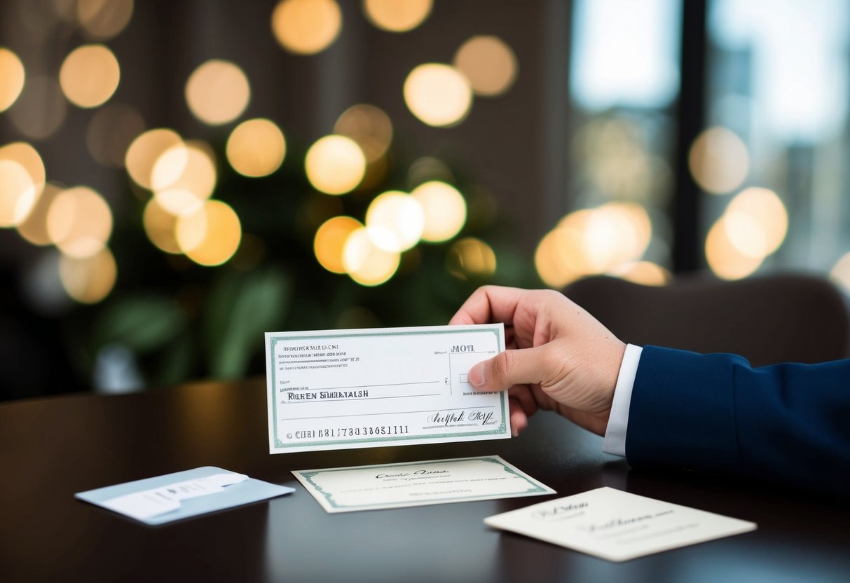 A hand holding a blank check with a wedding invitation and a gift card on a table