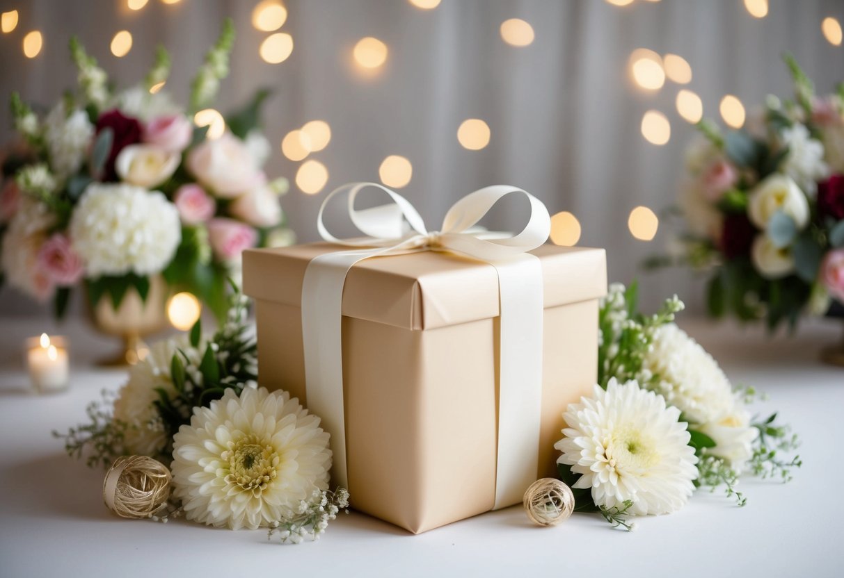 A beautifully wrapped gift box surrounded by elegant wedding decor and flowers
