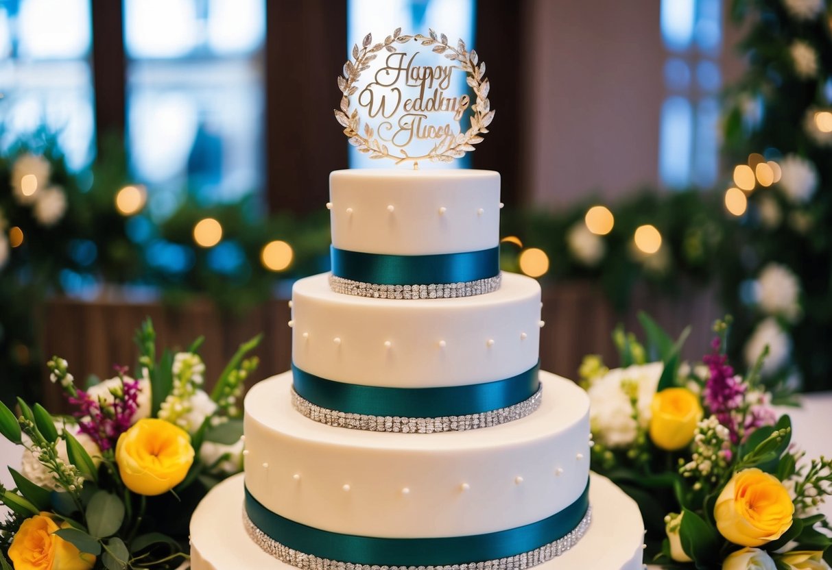 A three-tiered wedding cake with elegant decorations and a cake topper, surrounded by festive flowers and decor