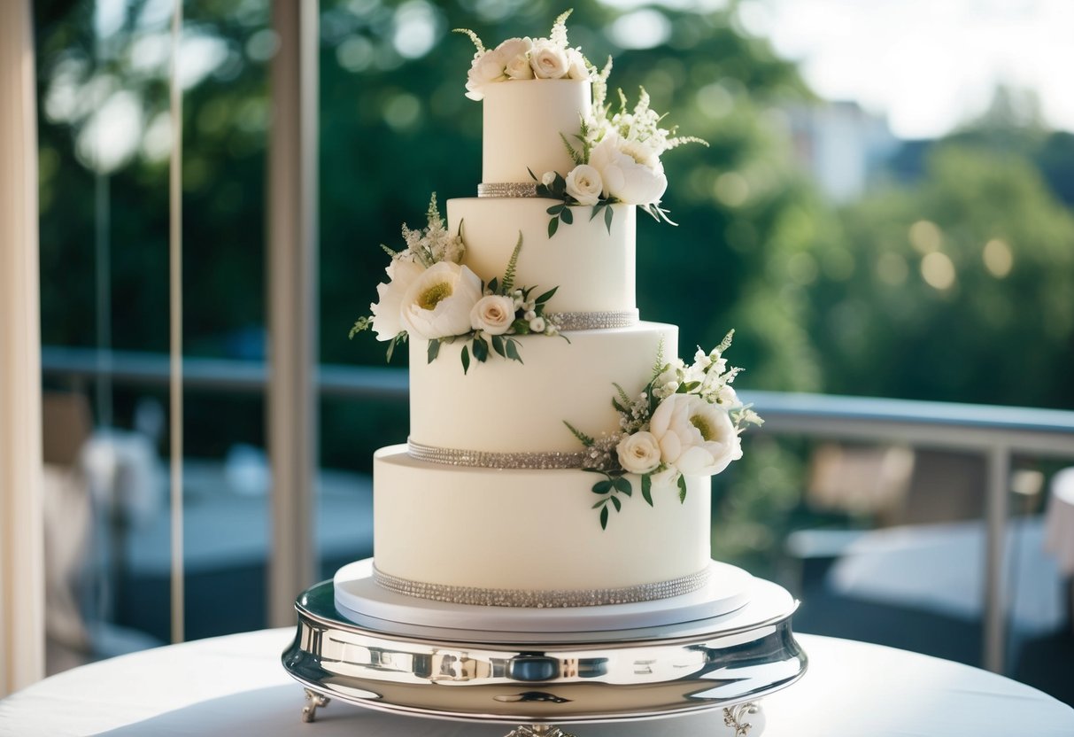 A three-tiered wedding cake with elegant floral decorations and intricate piping, displayed on a polished silver stand
