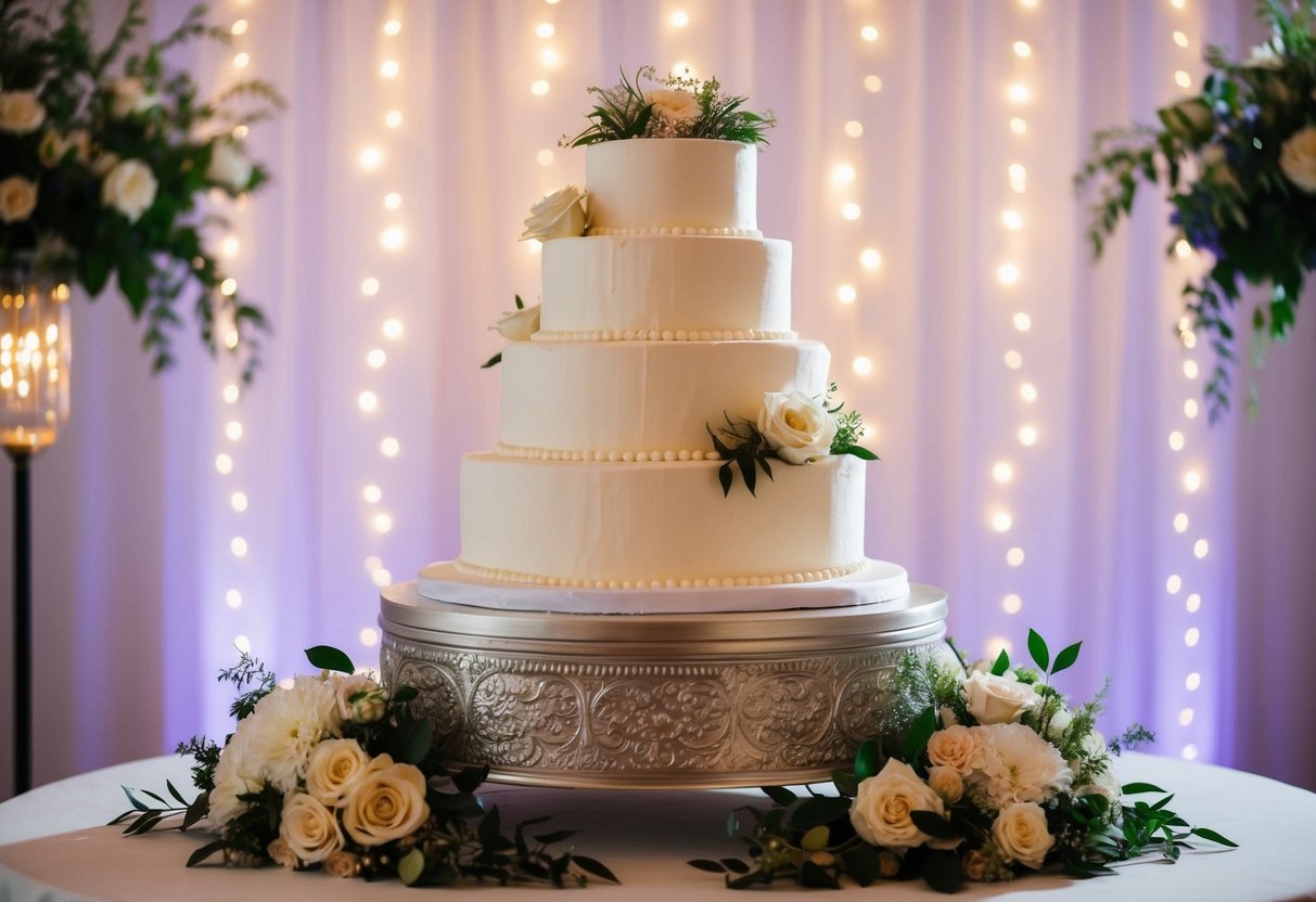 A three-tiered wedding cake displayed on a decorative stand, surrounded by floral arrangements and twinkling lights