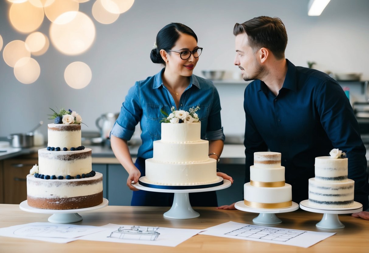 A cake baker and a client discussing tiers for a wedding cake, with various cake samples and design sketches on the table