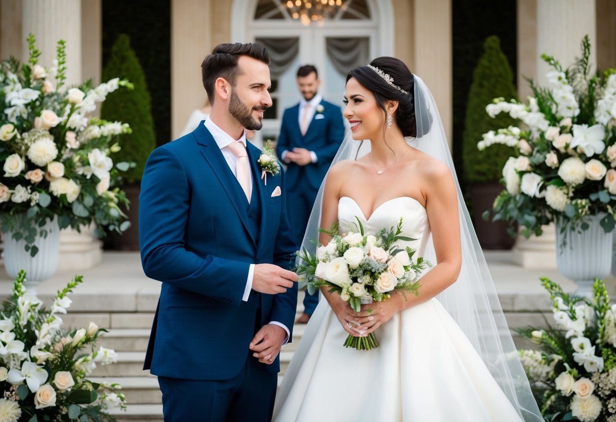 A bride and groom stand in front of a grand wedding venue, surrounded by elegant decorations and floral arrangements. A wedding planner discusses final details with the couple