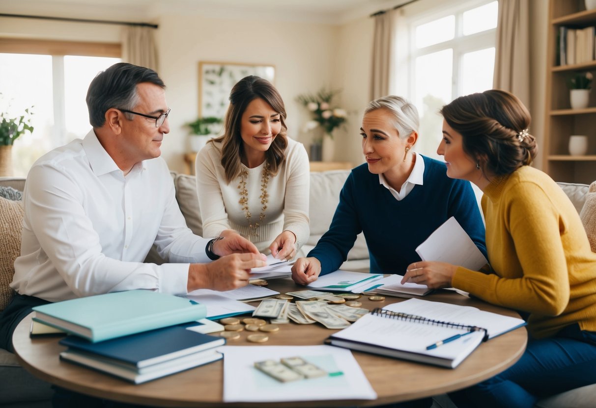 Parents discussing wedding budget and contributing money in a cozy living room with a table full of wedding planning books and papers
