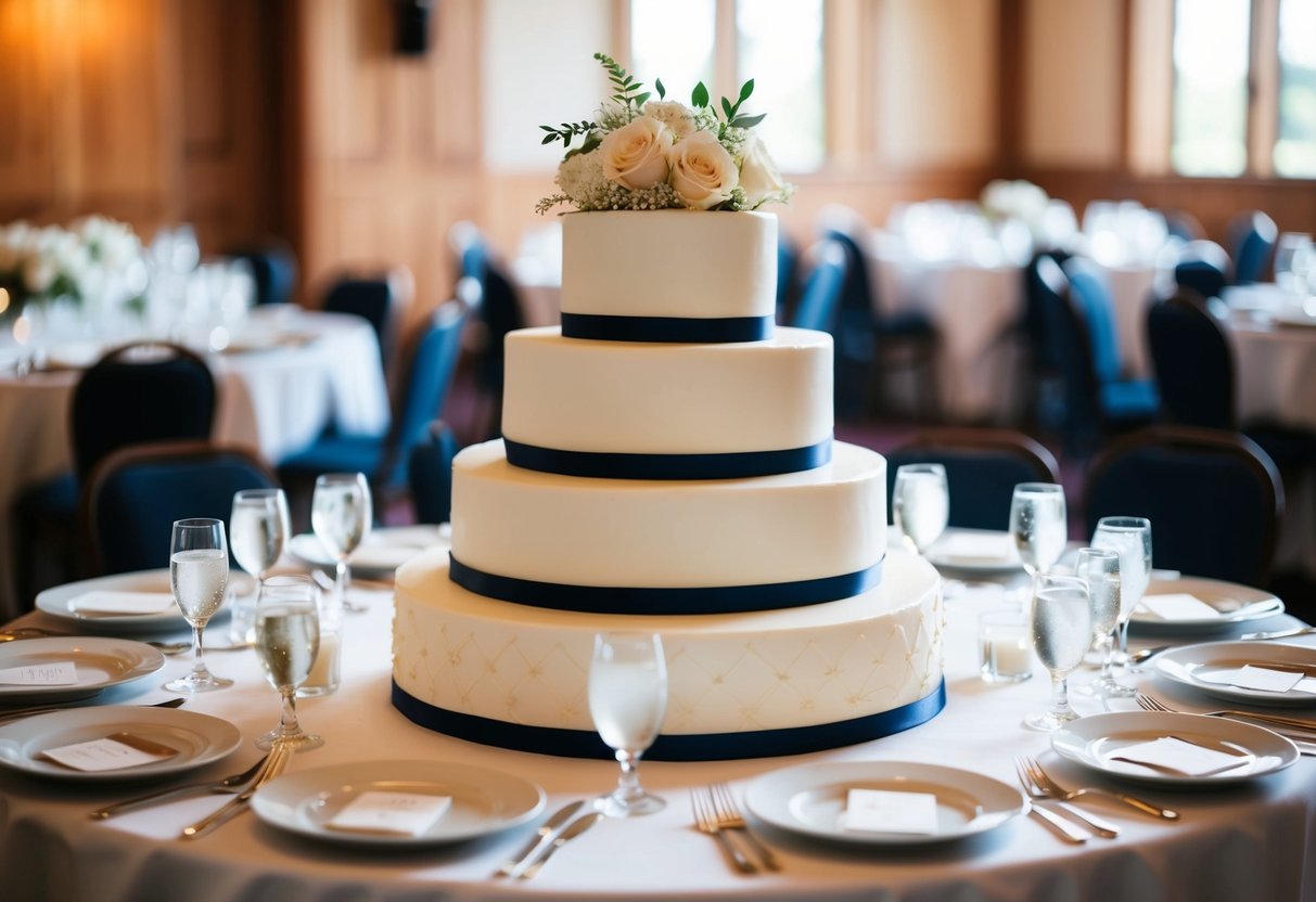 A three-tiered wedding cake surrounded by 150 place settings