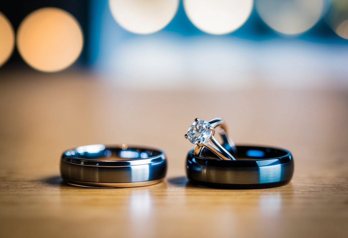 Two wedding rings sitting side by side on a table