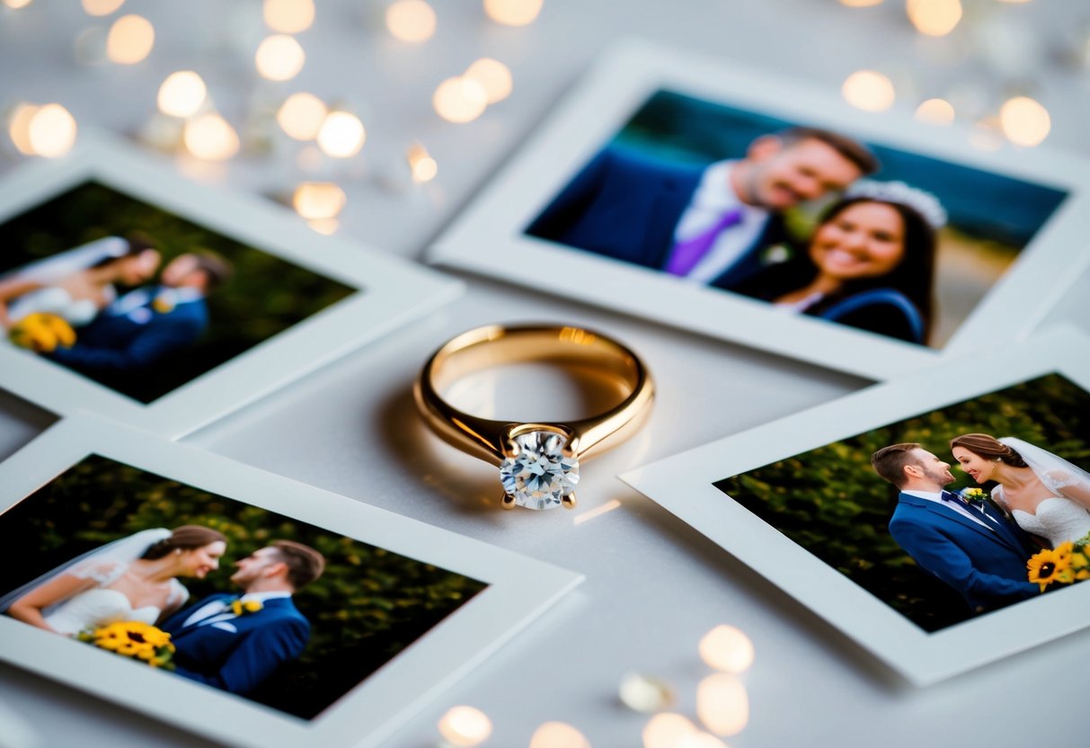 A wedding ring on a table, surrounded by two sets of wedding photos