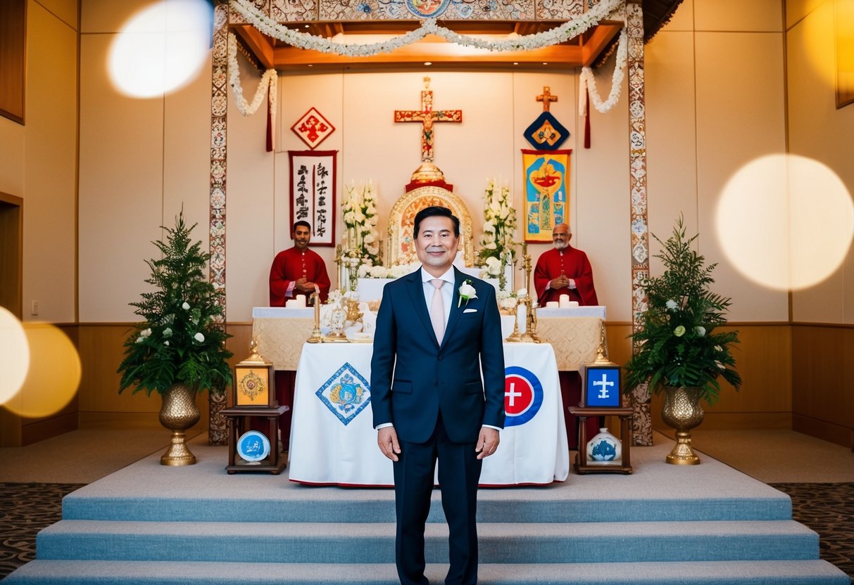 A man standing in front of a traditional wedding altar, surrounded by symbols of different religions and cultures