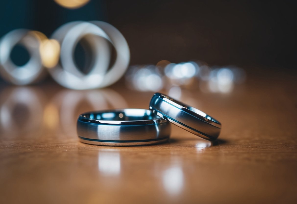 A pair of interlocking wedding rings on a table, with a faint reflection of a second set of rings in the background