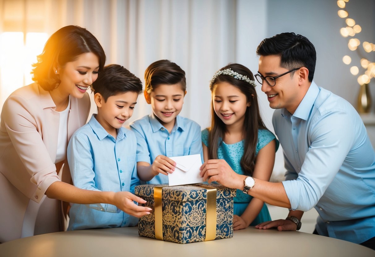 A family of 4 placing an envelope into a decorative wedding gift box