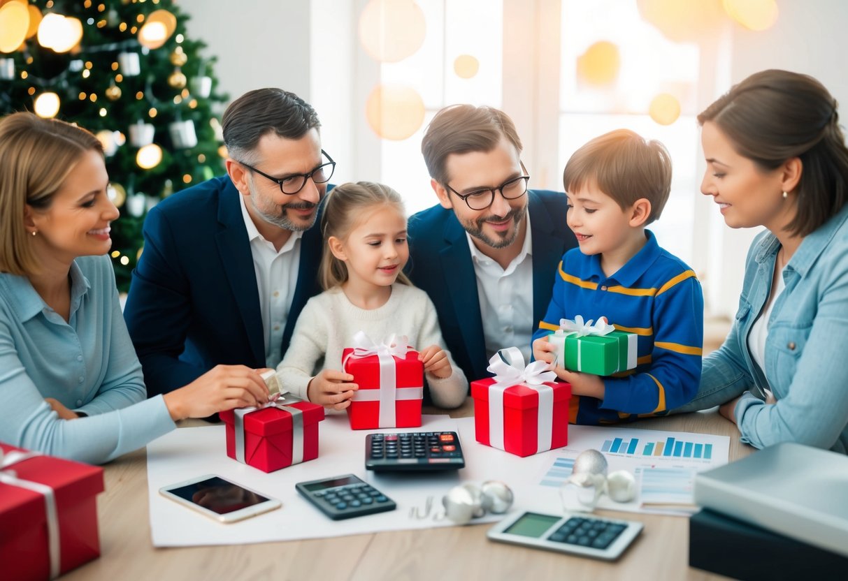 A family of 4 discussing gift budget for a wedding, surrounded by gift wrapping, a calculator, and various gift options