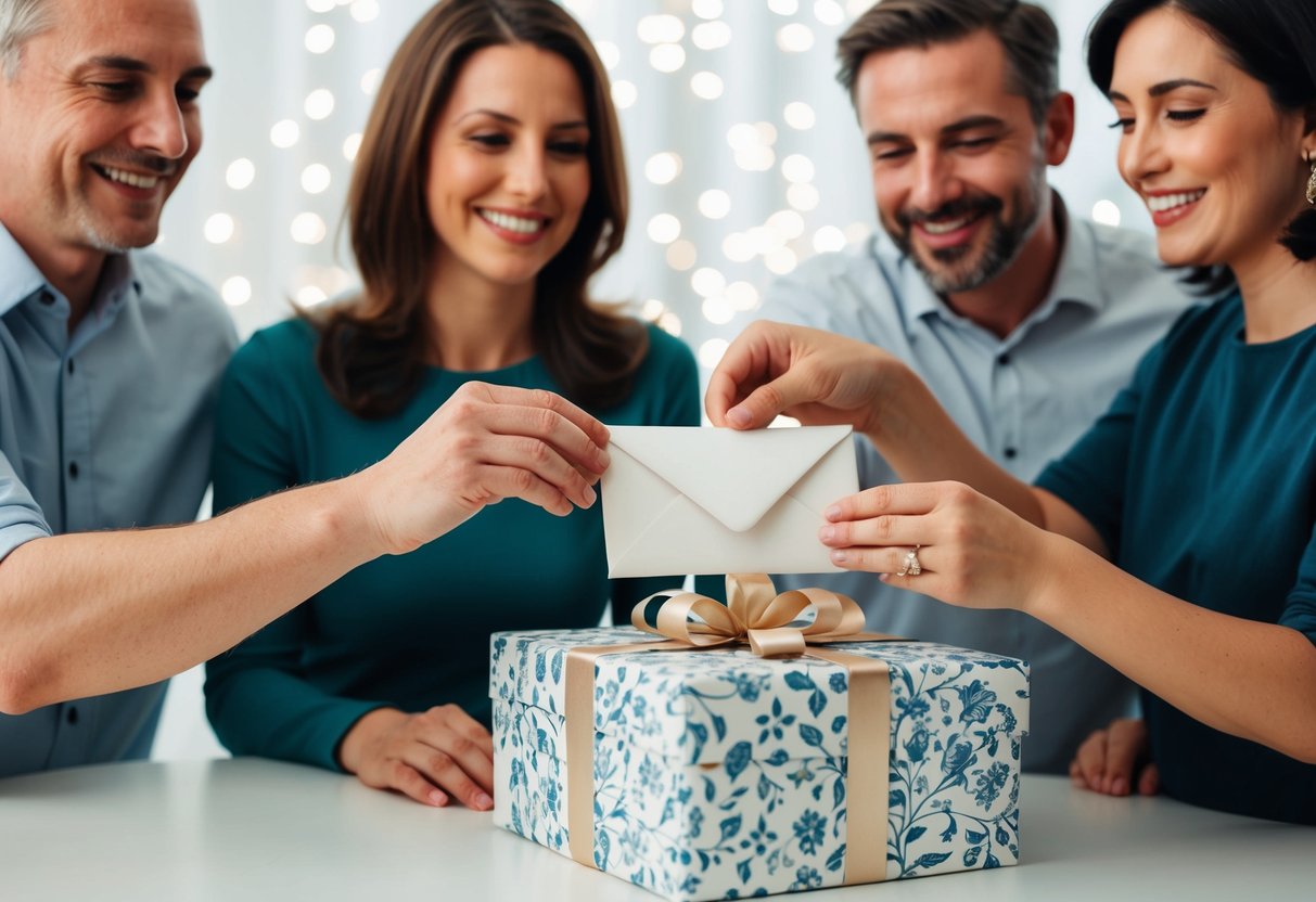 A family of 4 placing an envelope into a decorative wedding gift box