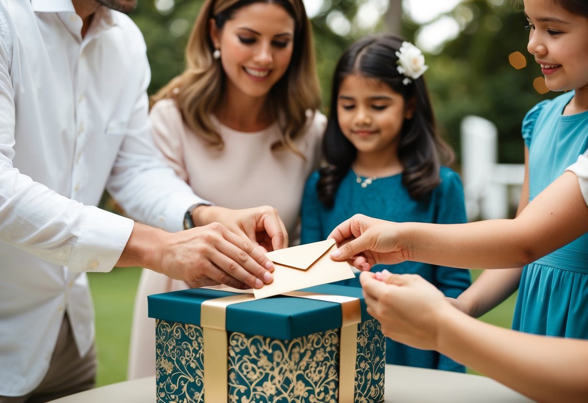 A family of 4 placing an envelope into a decorative wedding gift box