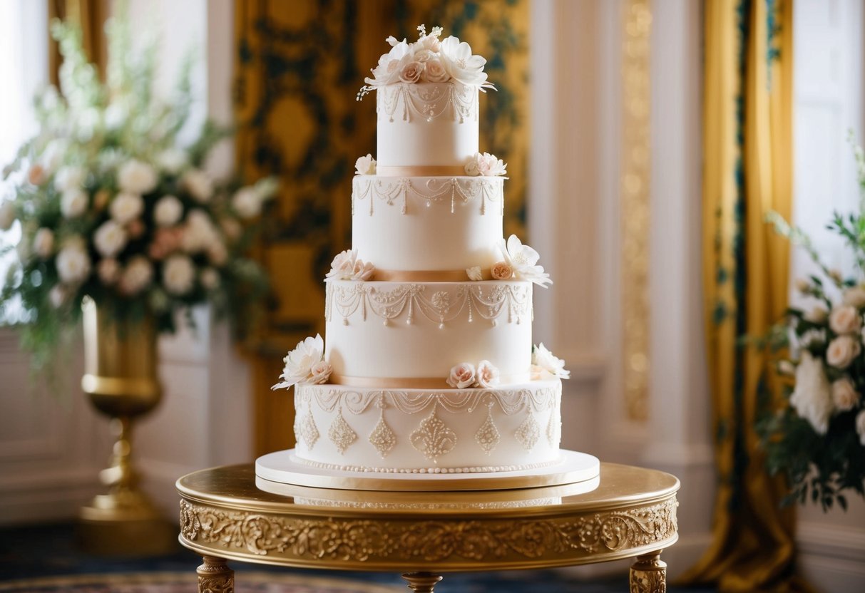 A grand wedding cake stands tall on a gilded table, adorned with intricate designs and delicate sugar flowers, exuding an air of opulence and elegance