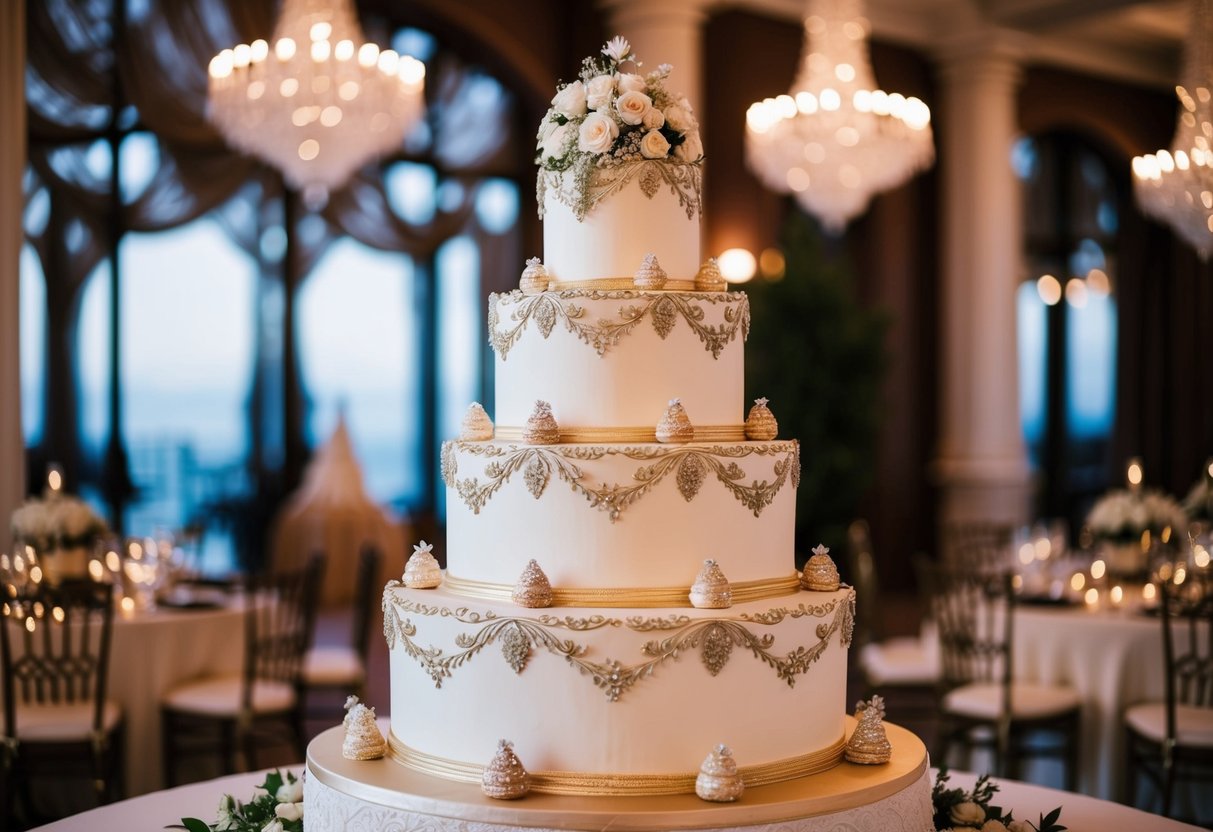 A towering, ornate wedding cake adorned with intricate details and luxurious decorations, exuding an air of grandeur and opulence