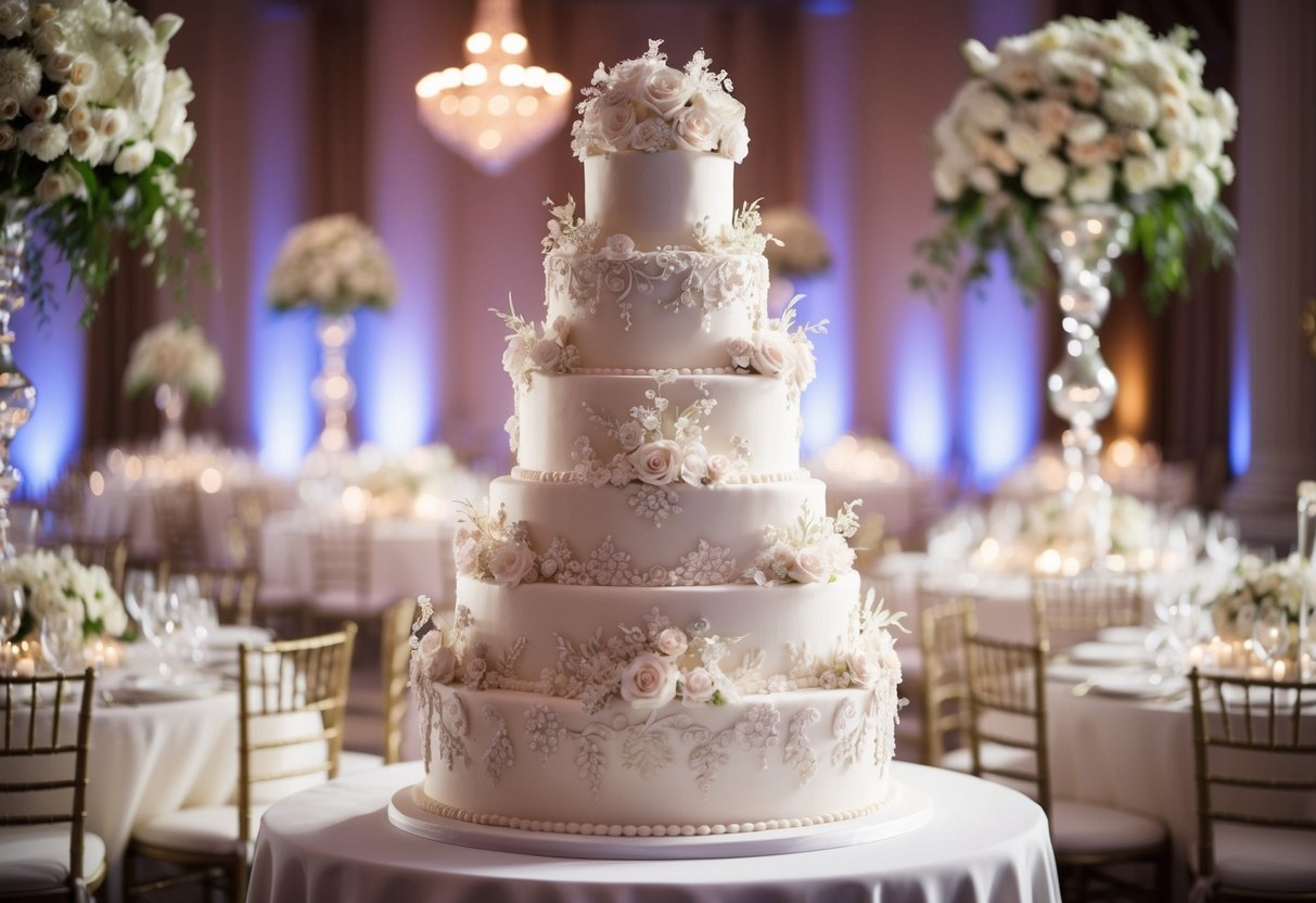 A lavish, multi-tiered wedding cake adorned with intricate floral designs and delicate sugar decorations. It exudes elegance and opulence, a centerpiece of the royal reception