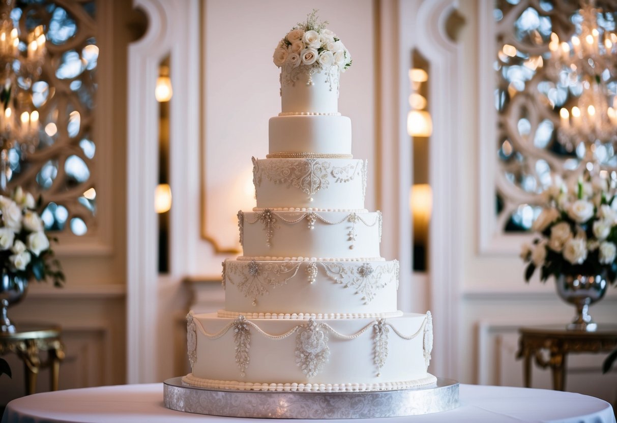 A grand wedding cake adorned with intricate details and luxurious decorations, exuding elegance and opulence
