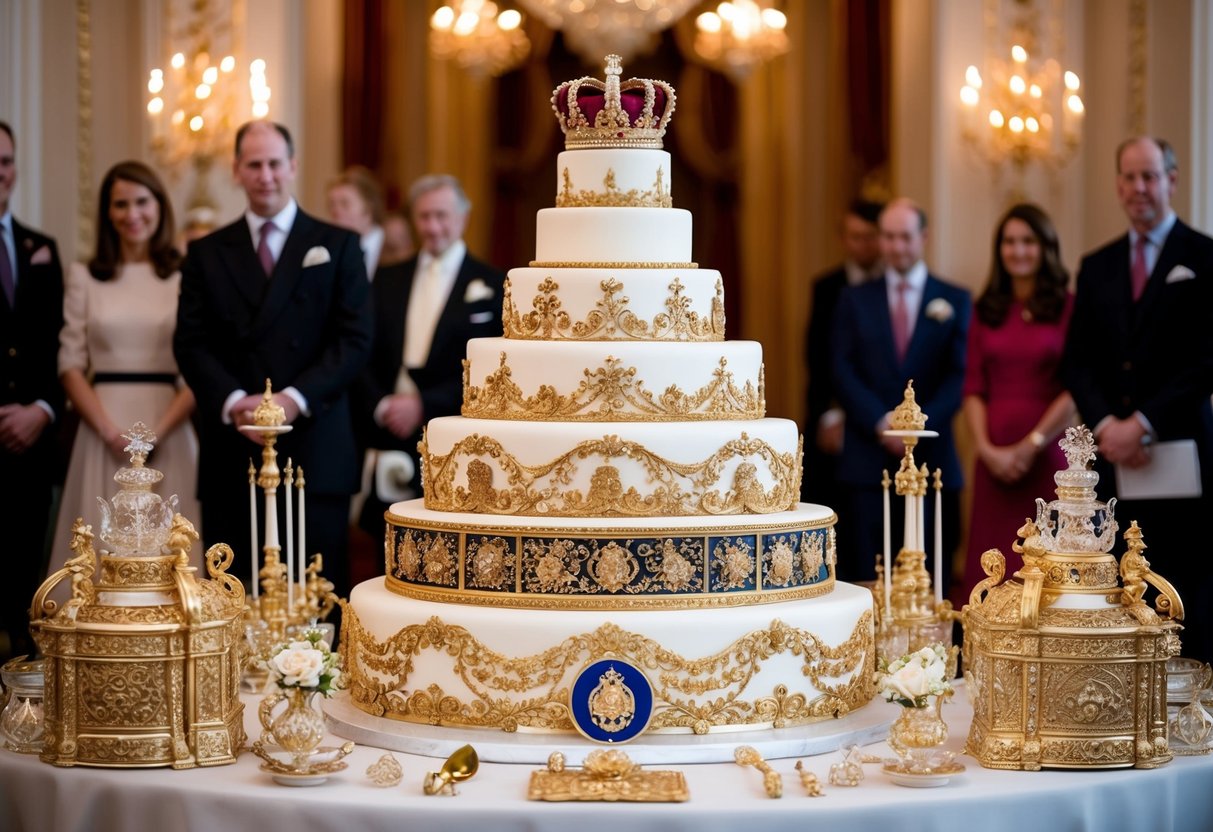 A lavish royal wedding cake surrounded by opulent decorations and symbolic elements, reflecting the cultural impact and legacy of Kate Middleton's marriage
