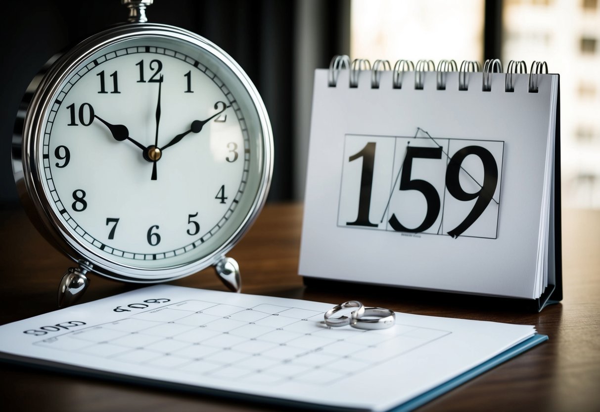 A clock with its hands pointing to 11:59, a calendar with the date crossed out, and a single wedding ring lying on a table