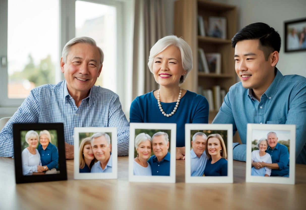 A couple sits at a table, surrounded by family photos. The older couple smiles while the younger couple looks tense