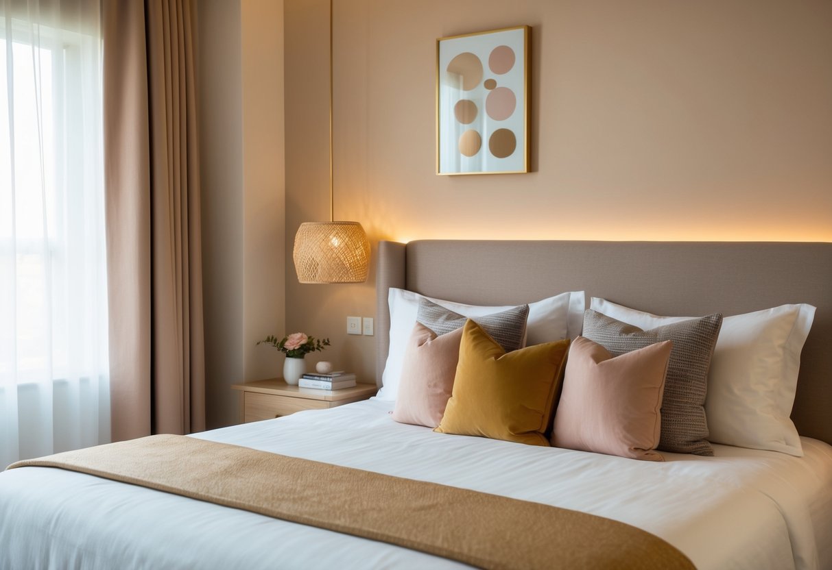 A cozy bedroom with a neatly made bed, soft lighting, and a warm color palette