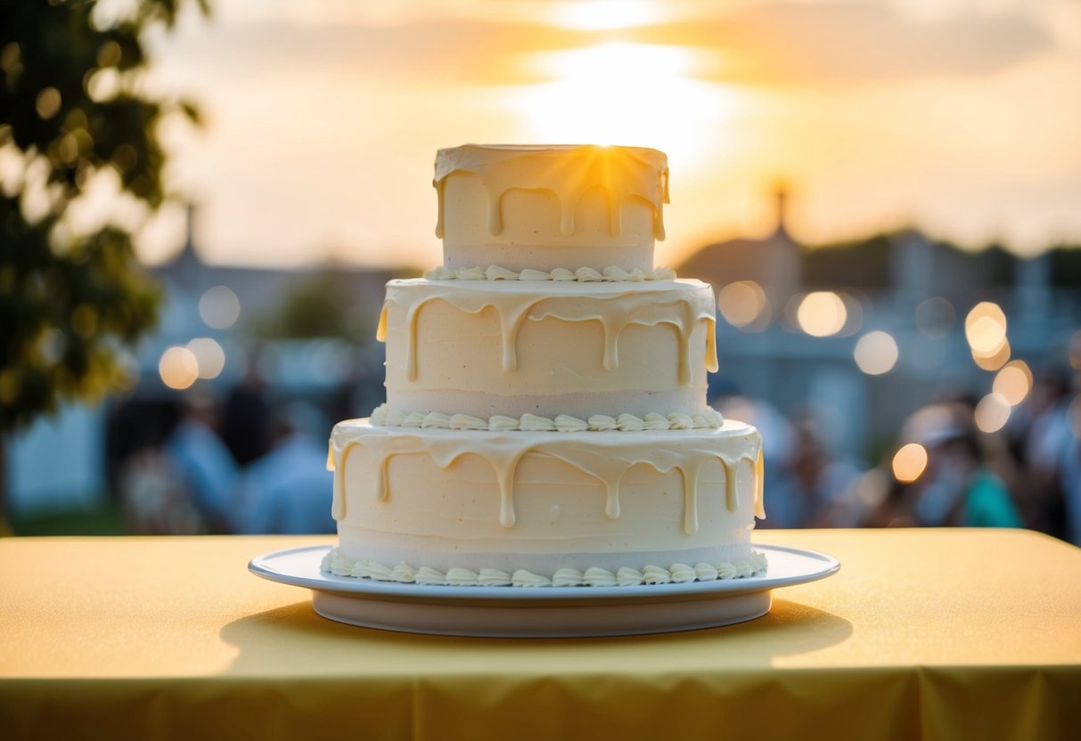 A buttercream wedding cake sits in the sun, slowly melting in the heat