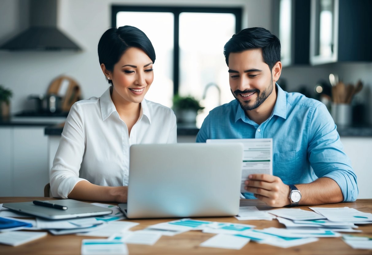 A married couple reviewing their credit report together at a dining table with scattered bills and a laptop