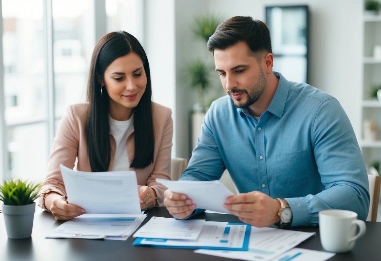 A couple sits at a table, reviewing bills and financial documents together. They appear to be discussing and planning their future finances
