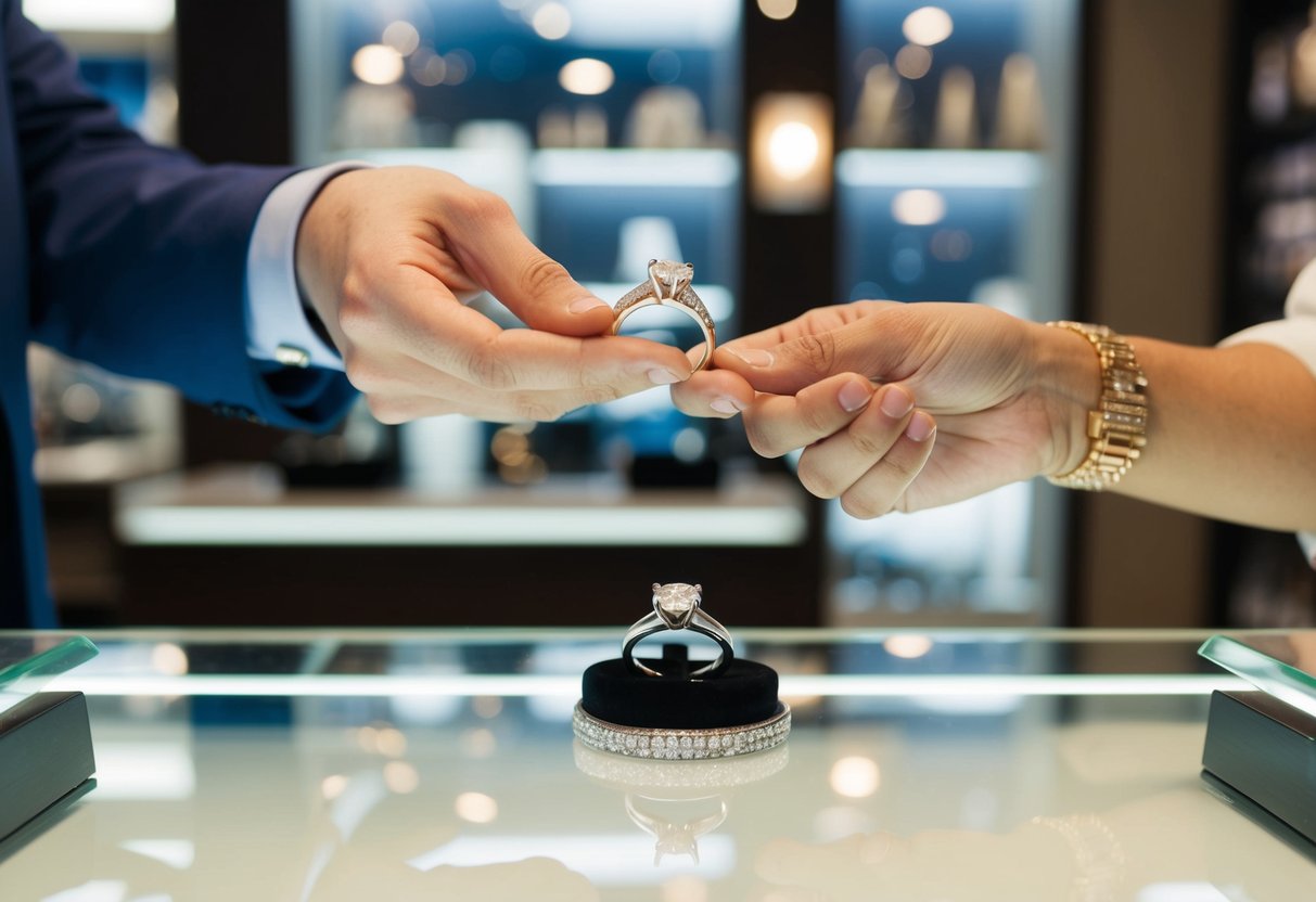 A man's wedding ring being purchased by a person at a jewelry store counter