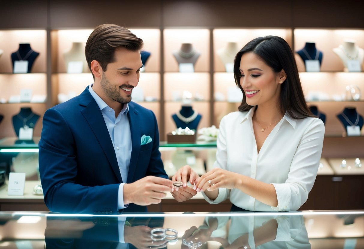 A man's wedding ring being purchased by a woman at a jewelry store counter
