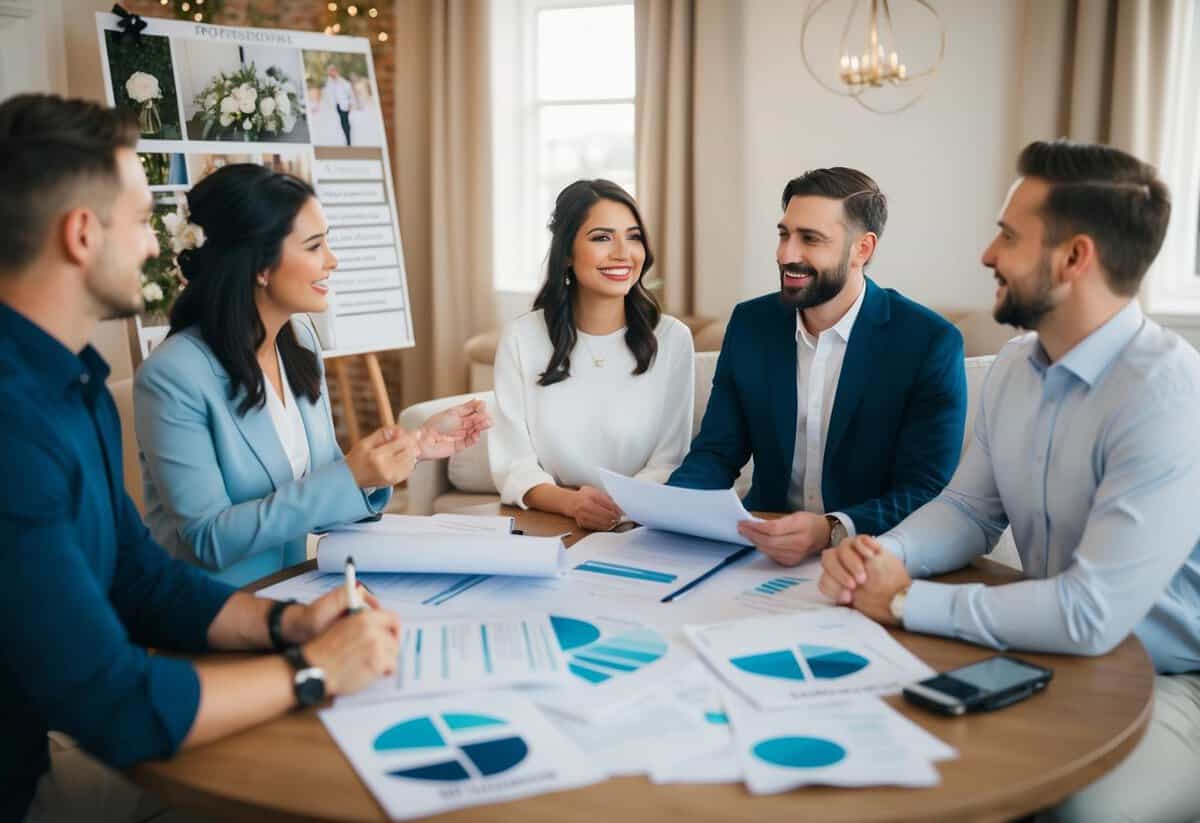 A couple presents their wedding plans to potential investors in a cozy, well-lit room with a table covered in financial documents and a mood board filled with wedding inspiration