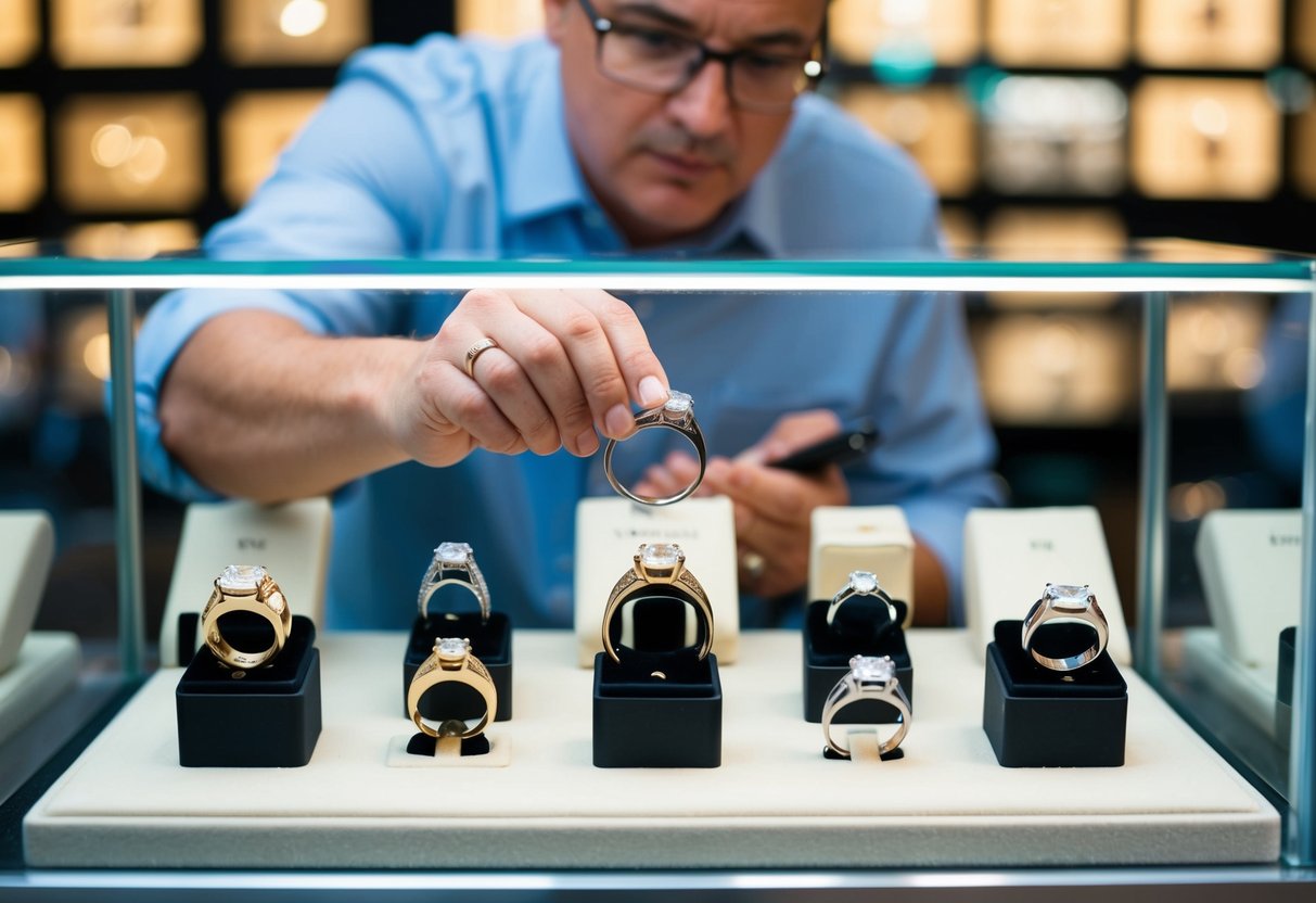 A jeweler carefully inspects a selection of men's wedding rings displayed in a glass case