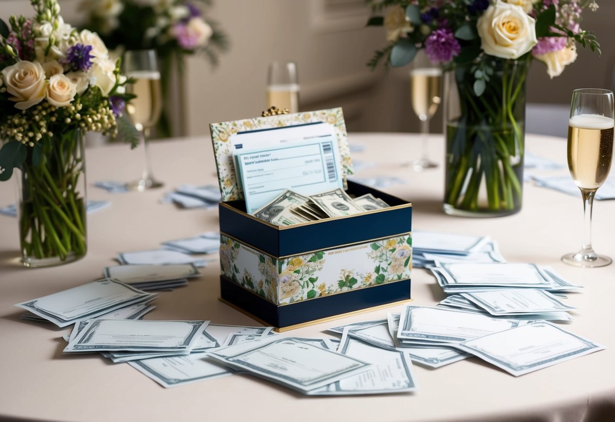 A table scattered with envelopes and a decorative box filled with cash and checks, surrounded by floral arrangements and champagne glasses
