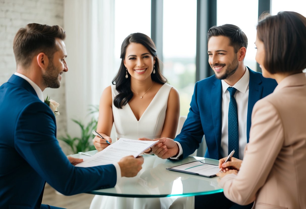 A couple seated at a table with a wedding planner, exchanging paperwork and discussing financial details