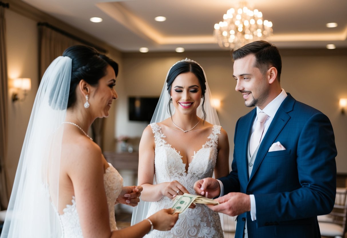 A bride and groom discussing with a venue manager, exchanging money for a deposit
