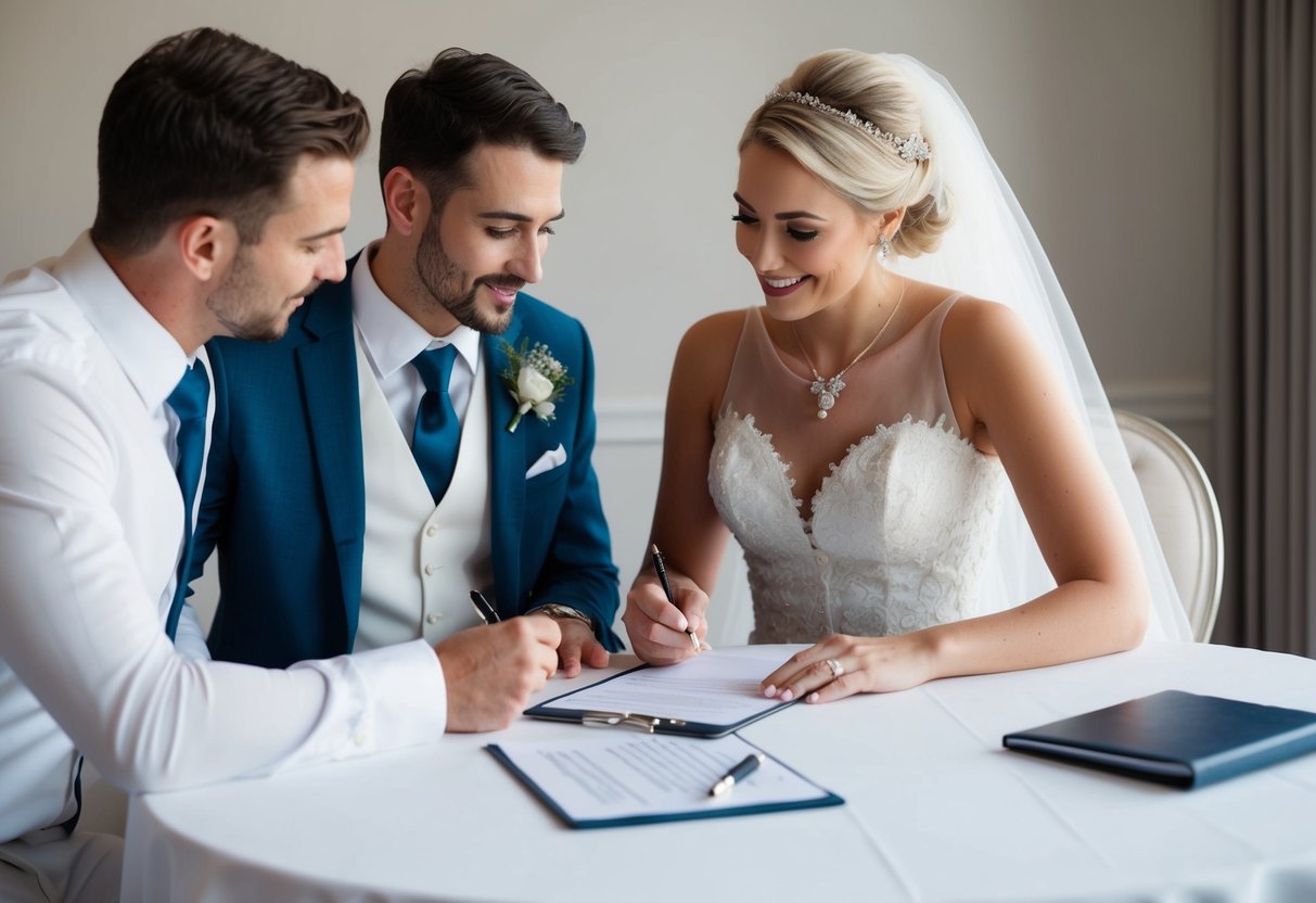 A bride and groom sit at a table with a wedding planner, discussing financial details and signing a contract. The planner holds out a pen and paper for the couple to sign