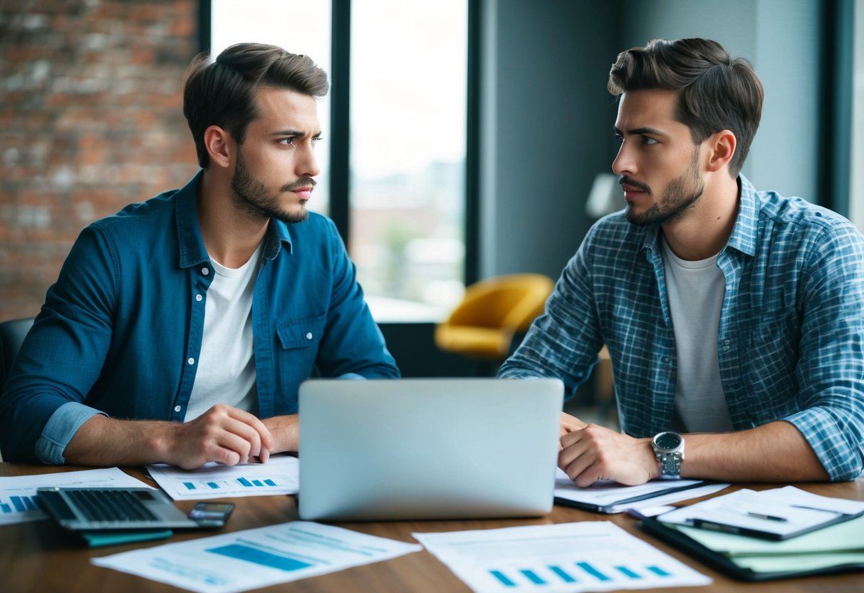 A young couple sits at a table, surrounded by financial documents and a laptop. They are deep in discussion, with a determined look on their faces