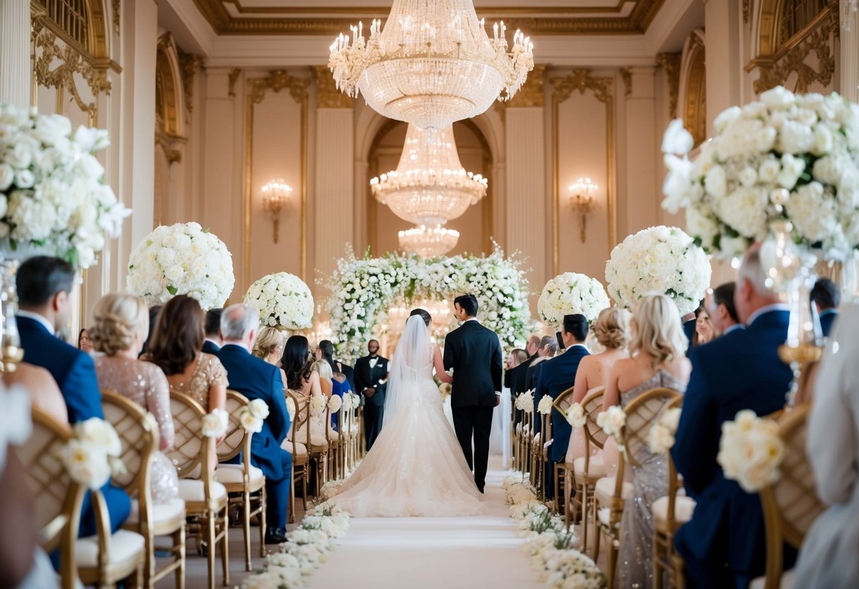A lavish wedding ceremony with a grand venue, expensive decorations, and opulent attire