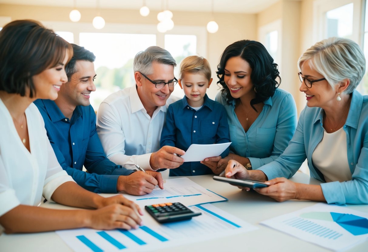 A family gathering around a table with wedding planning materials and a calculator, discussing financial contributions