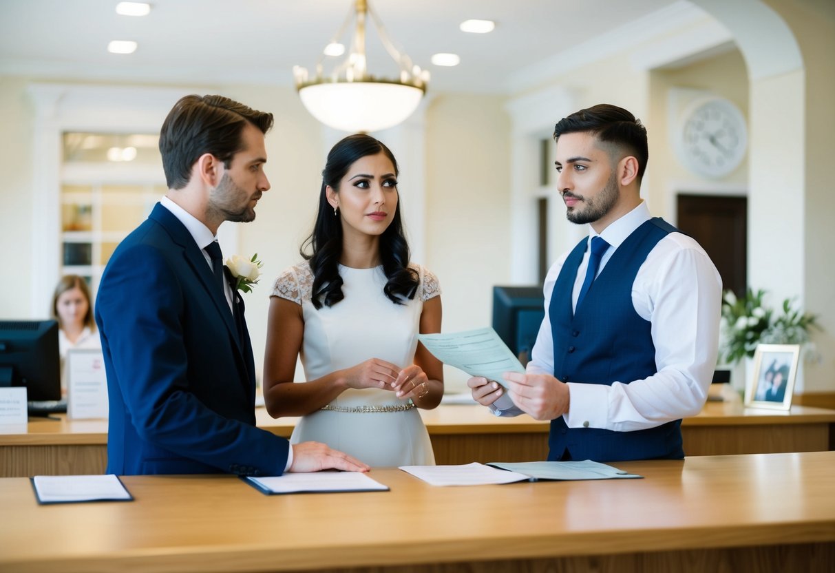 A couple stands at a registry office counter, discussing wedding license fees with a clerk. The couple looks concerned as they consider the cost