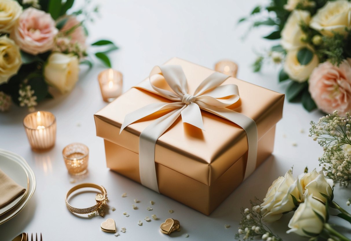 A beautifully wrapped gift box surrounded by elegant wedding decor and flowers