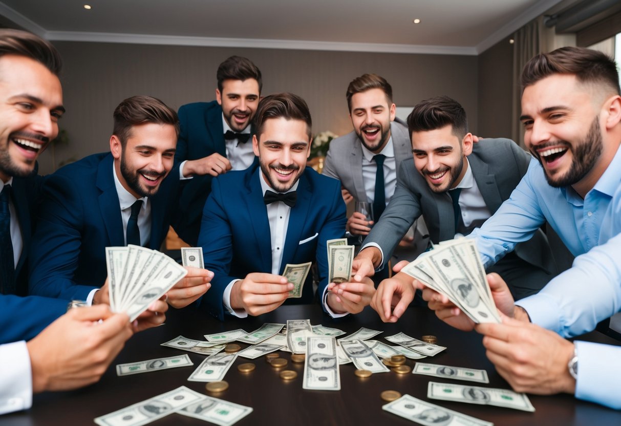 A group of friends pool money for a groom's stag party. Laughter and camaraderie fill the room
