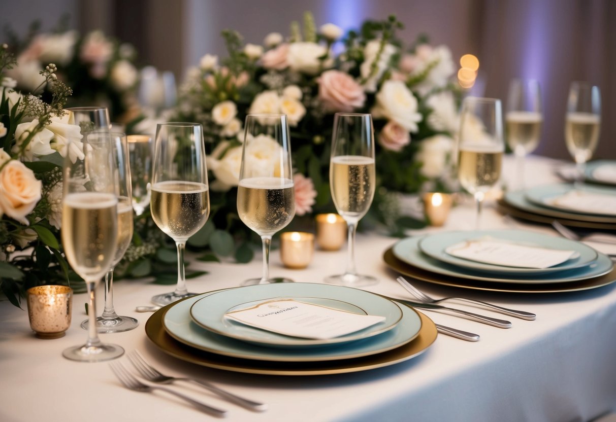 A table set with elegant dishes and champagne glasses, surrounded by floral centerpieces and soft lighting