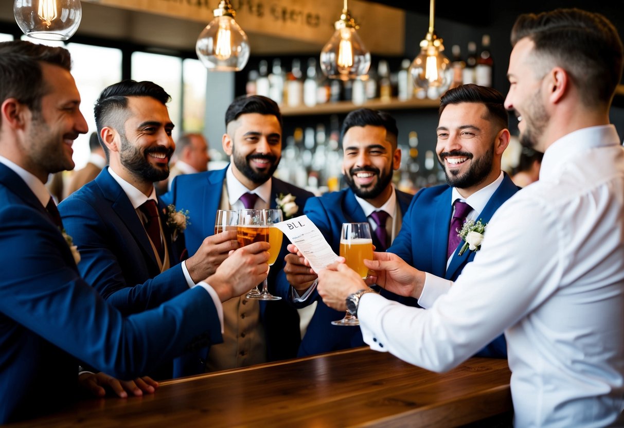 A group of men at a bar, toasting with drinks and laughing while a groom is being presented with a bill