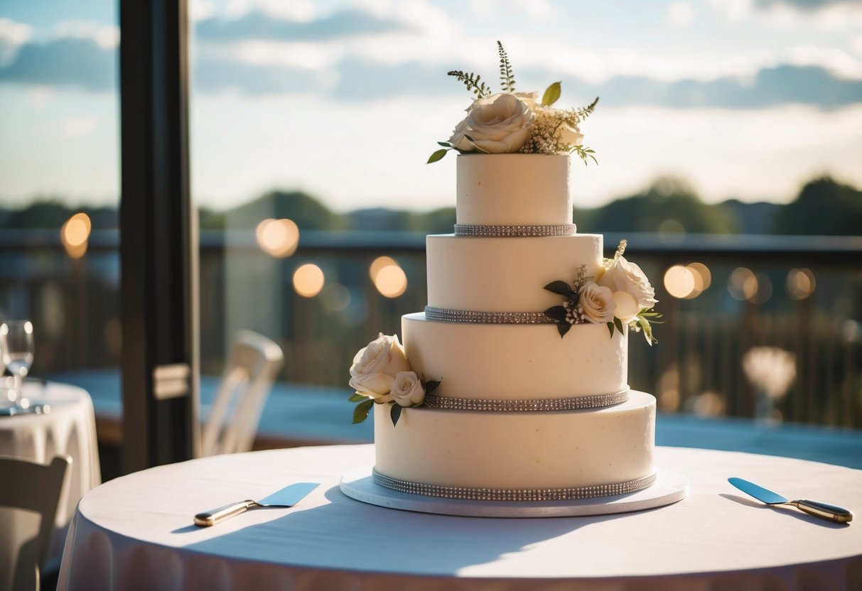 A tiered wedding cake with a decorative knife and server on a table