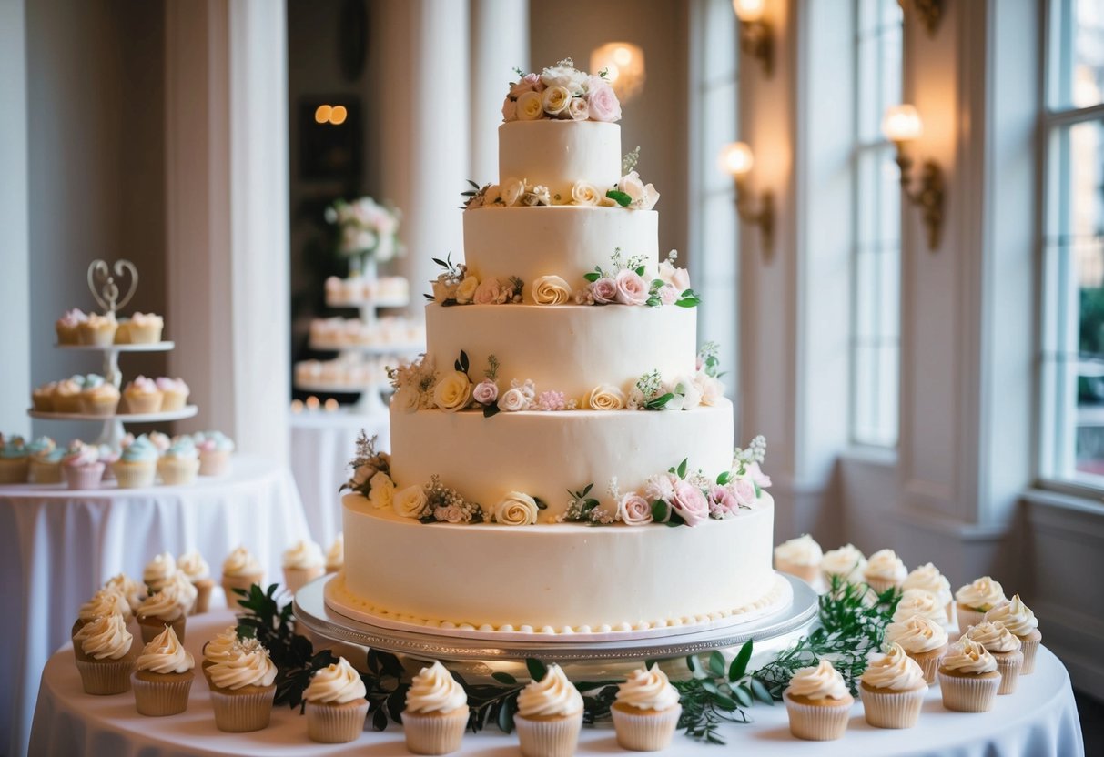 A tiered wedding cake for 100 people, adorned with intricate floral designs and elegant piping, sits on a grand display table surrounded by delicate pastel-colored cupcakes and fresh flowers