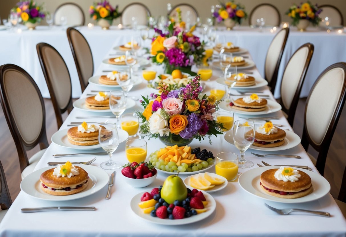A long table with a white tablecloth adorned with colorful floral centerpieces, plates of assorted pastries, fruits, and breakfast dishes, surrounded by elegant chairs
